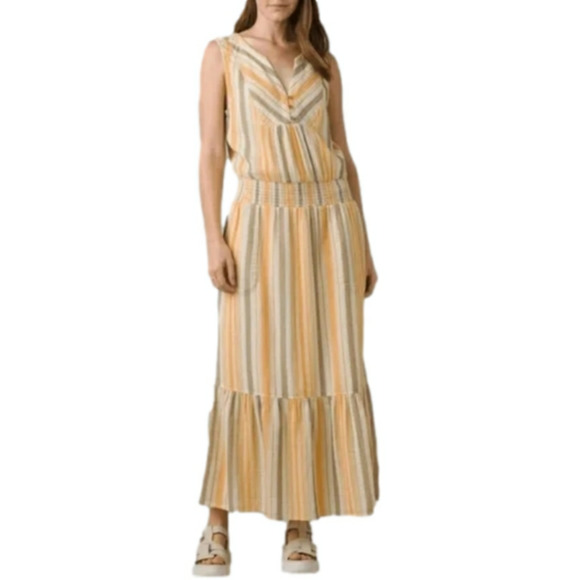 Prana California Dreaming‎ Ruffle Striped Maxi Dress In Golden Hour size small - Picture 1 of 9